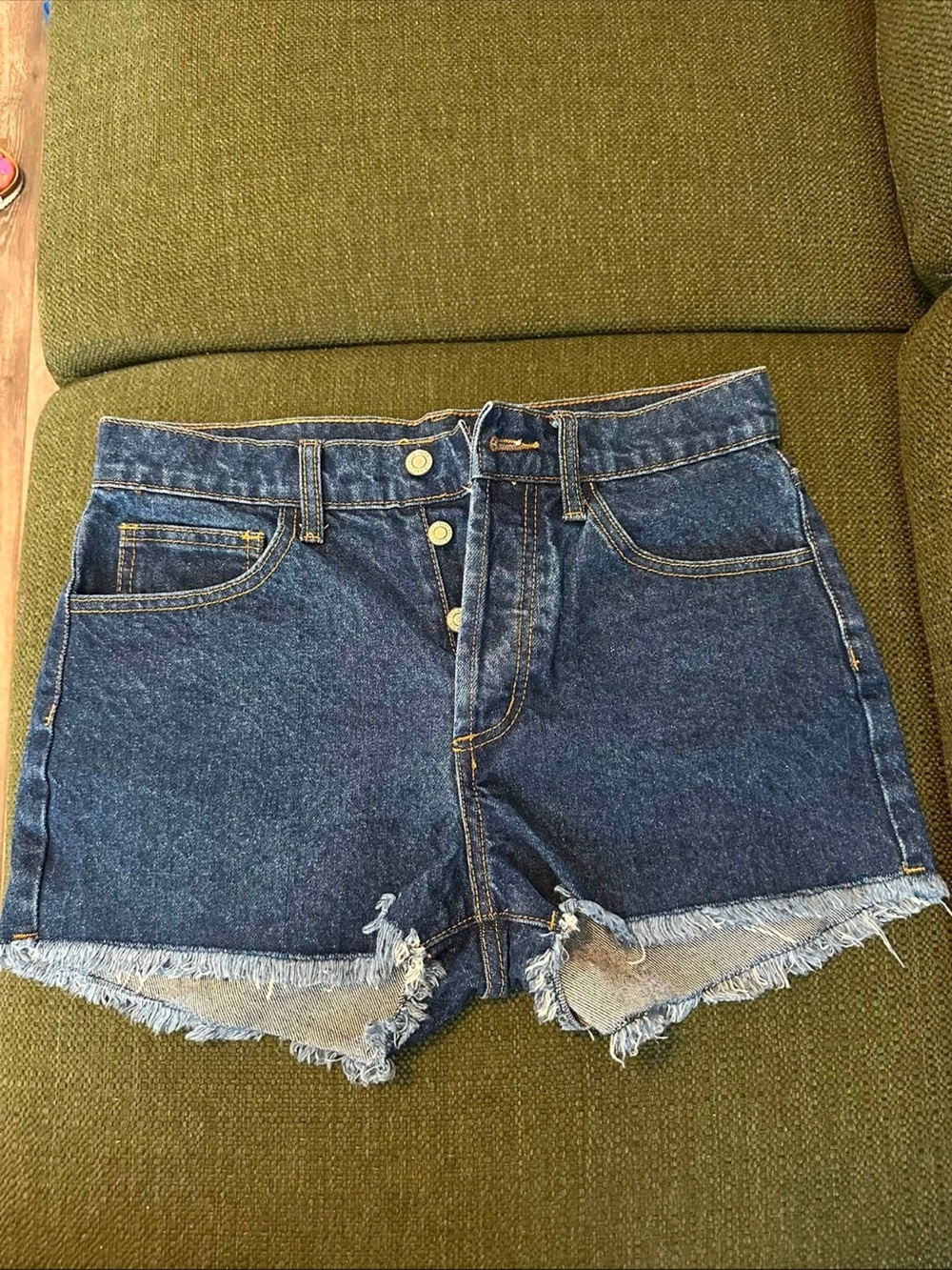 Brandy Melville Dark Blue Denim Button-Front Frayed Hem Shorts